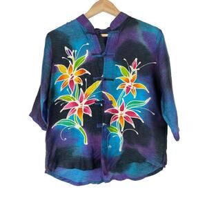 Thai Silk Women's Size S Purple Blue Tropical Floral 3/4 Sleeve Mandarin Jacket
